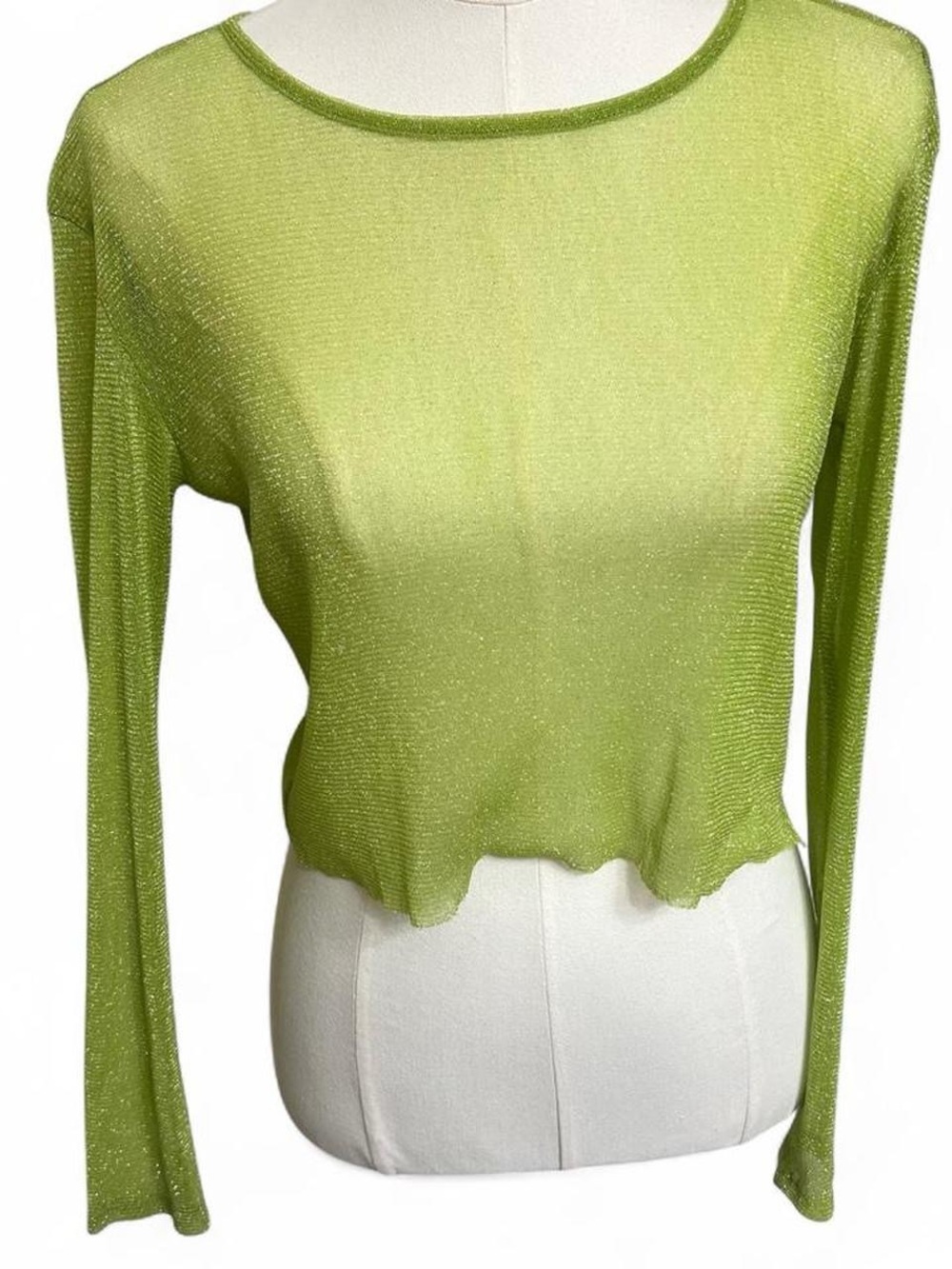 Neon green mesh sheer long sleeve top with subtle glittery texture rave festival